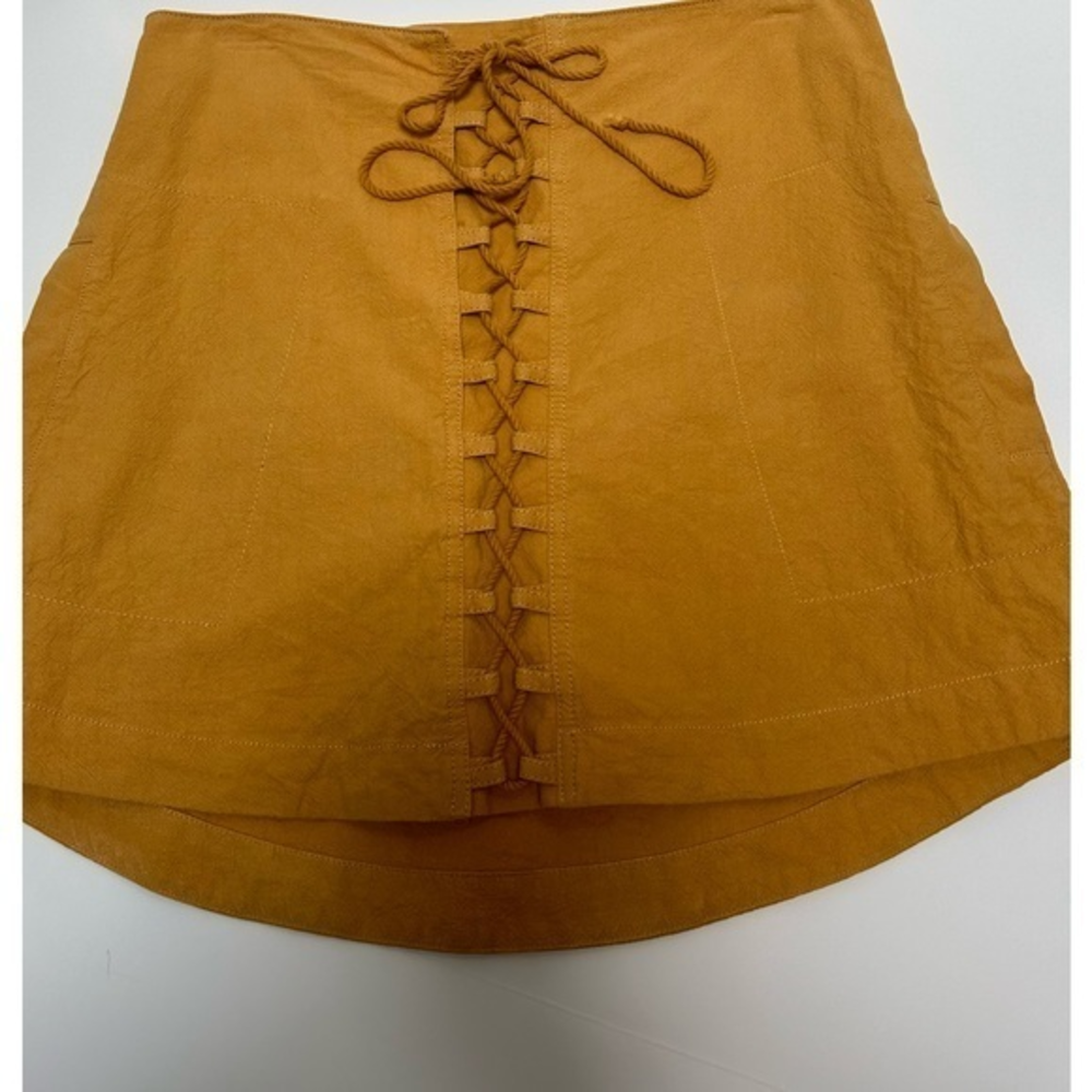 FREE PEOPLE WALK MY WAY MUSTARD Lace Up Corset Linen Blend Skirt size‎ Large